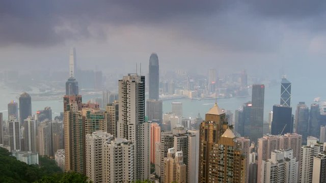 Panning shot of Hong Kong skyline. View from Victoria Peak