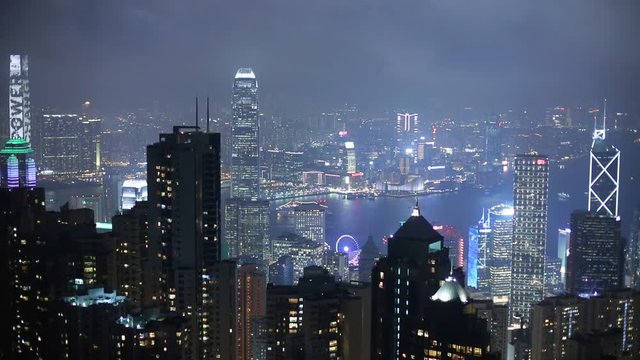 Panning shot of Hong Kong skyline. View from Victoria Peak.