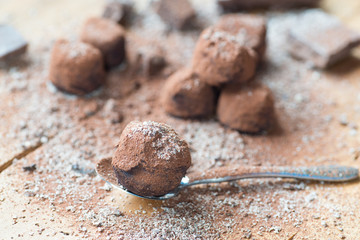 Dark chocolate truffles with cocoa powder
