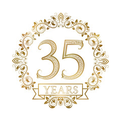 Golden emblem of thirty fifth years anniversary in vintage style