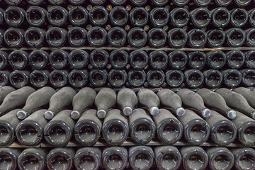Bottoms of wine bottles. Background dark and textured