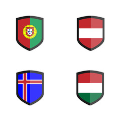 Set of Shield badge with Nation Flag, Austria, Hungary,Iceland, Portugal