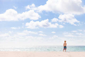 Adorable kid boy standing on the sandy beach by the ocean and looking on the gorgeous summer view. Miami summer vacations. Blue sky with clouds as a background. Child on amazing beach.