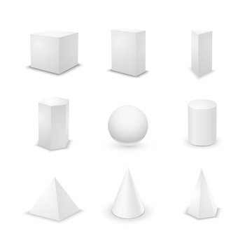Set of basic elementary geometric shapes, blank 3d primitives isolated on white