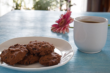 chocolate chip cookies on blue table background