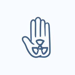 Ionizing radiation sign on a palm sketch icon.