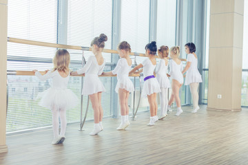 Group of seven little ballerinas standing in row and practicing ballet using stick on the wall