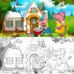 Cartoon scene of hard working pig - son is talking to mother while building a house - with coloring page - illustration for the children