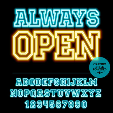 Neon Bright Set Of Alphabet Letters, Numbers And Punctuation Symbols. Vector Light Up Colorful Sign With Text Always Open