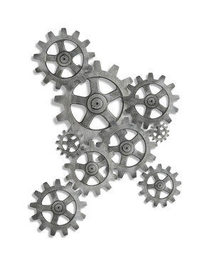 Silver cog cogs on white background with shadow