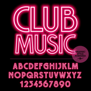 Neon bright set of alphabet letters, numbers and punctuation symbols. Vector light up red logo with text Club music