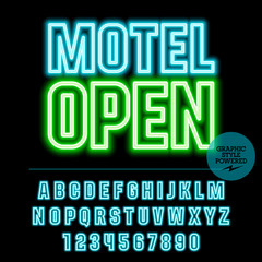 Neon bright set of alphabet letters, numbers and punctuation symbols. Vector light up colorful sign with text Motel open