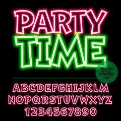 Neon bright set of alphabet letters, numbers and punctuation symbols. Vector light up colorful icon with text Party time