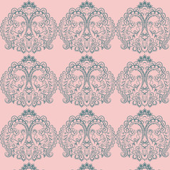 Vector floral lace pattern in Oriental style. Ornamental lace pattern for wedding invitations, greeting cards, wallpaper, backgrounds, fabrics, textile. Traditional decor. Pink