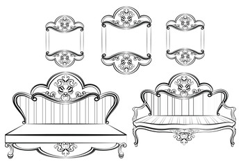 Royal Sofa and Frames set in Baroque Rococo style with damask luxurious ornaments. Vector