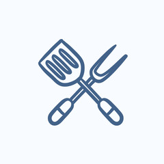 Kitchen spatula and big fork sketch icon.