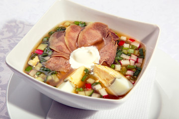okroshka with tongue and eggs