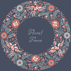 Mexican embroidery round pattern. Colorful and ornate ethnic frame pattern. Red and gray Birds and flowers on the dark background.