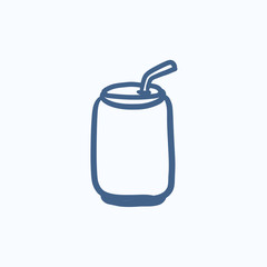 Soda can with drinking straw sketch icon.