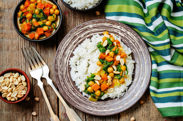 Sweet potato spinach chickpea curry with rice