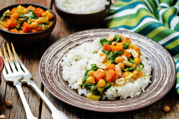 Sweet potato spinach chickpea curry with rice