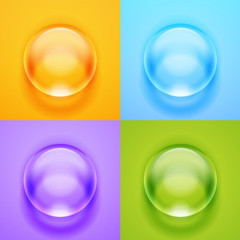Set of transparent glass sphere with glares and highlights. White pearl, water soap bubble, shiny glossy orb. Vector illustration with transparencies, gradient and effects for your design and business