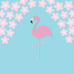 Pink flamingo on one leg. Exotic tropical bird. Zoo animal collection. Cute cartoon character. Sakura flowers Cherry blossom Decoration element. Flat design. Blue background. Isolated.