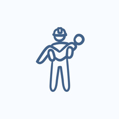 Fireman holding person on hands sketch icon.