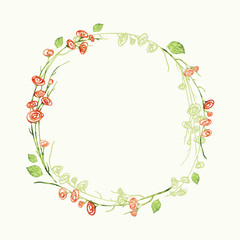 Vector watercolor round floral frame. Hand draw romantic herbal border