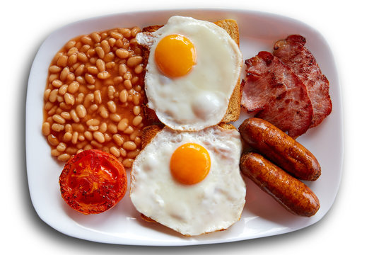 English breakfast with two eggs sausage beans