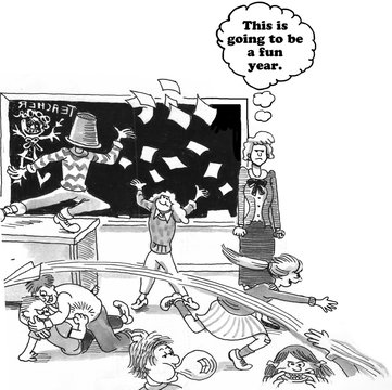 Education cartoon about a chaotic classroom.