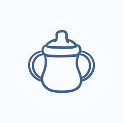 Baby bottle with handles sketch icon.