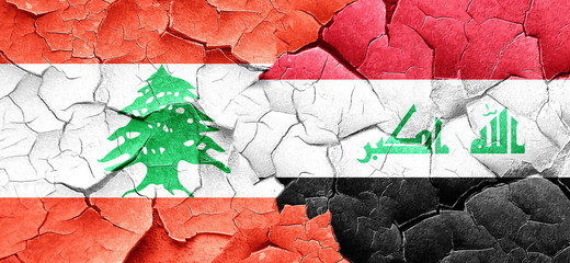 Lebanon flag with Iraq flag on a grunge cracked wall
