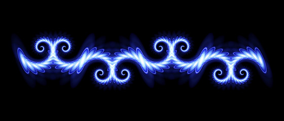 Blue neon seamless pattern of swirling spirals. Neon gradient pattern on a black background. Element of decor. To design. Universal application. Vector illustration