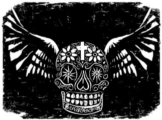 Distressed Day of the Dead Winged Skull