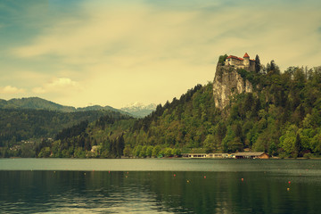 Fototapeta na wymiar Amazing View On Bled Lake. Springtime or summertime in Slovenia.