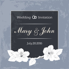 Marriage design template with custom names in square frame  flowers. Vector illustration.