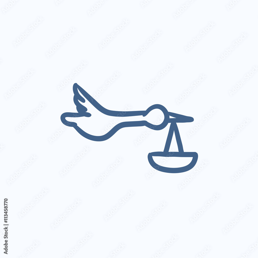 Poster baby basket with stork sketch icon.