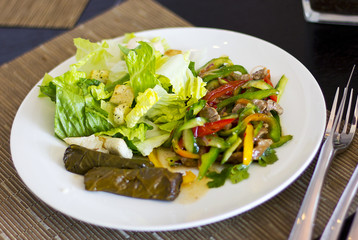 Lunch at the hotel. A fresh vegetable salad. Business lunch. The hotel is five stars. Main dishes. Salad on the table

