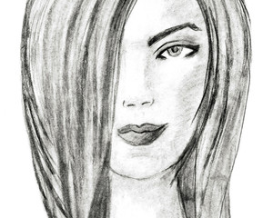 Beautiful young woman, charcoal drawing. Fashion illustration. Charcoal Sketch on white background