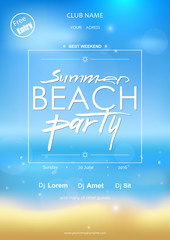 Summer beach party typography template for placard, flyer, voucher, invitation,presentation, brochure with place for text. White text on blurred beach background. Hand drawn lettering "Summer Party".