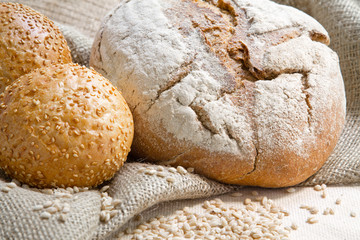 Wheat bread and buns with sesame seeds