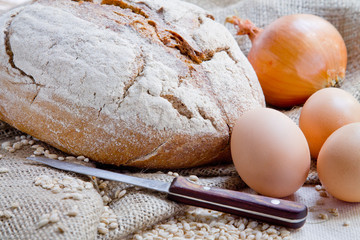 Wheat bread, eggs on sacking