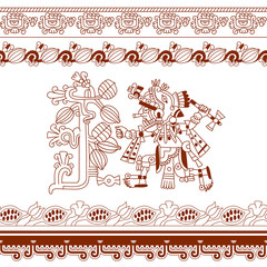 sketch drawing aztec cacao bean, leaves, nibs, pattern on brown