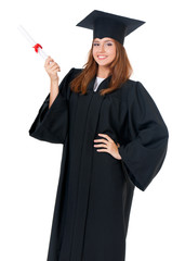 Young successful woman graduating from college holding a diploma, isolated on white background