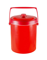 Red plastic bucket with lid isolated on a white background.