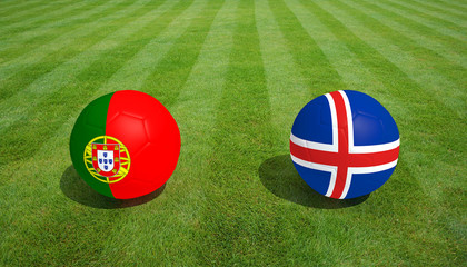 Portugal / Iceland soccer game on grass soccer field 3d Rendering.