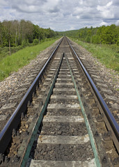 Fototapeta na wymiar View of empty railroad track. Perspective view. Vertical composition of railway.
