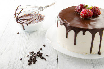 The process of making chocolate Cake filled with glaze. Birds milk.