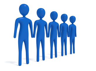 Partnership: group of five blue 3d men, 3d illustration
